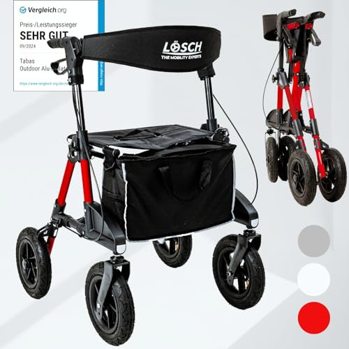TABAS Rollator faltbar & leicht mit Sitz I Preis-/Leistungssieger I Outdoor Rollator mit Luftbereifung, Sitzfläche & Rückengurt, Tasche & Stockhalter I Rollator für Senioren I Gehhilfe von Lösch Reha