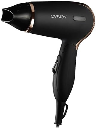 Carmen Noir Lightweight Travel Hair Dryer with Concentrator Nozzle and Foldable Handle, Travel Bag, Luxury Soft Touch Finish 1200W, Black and Copper C80020COP