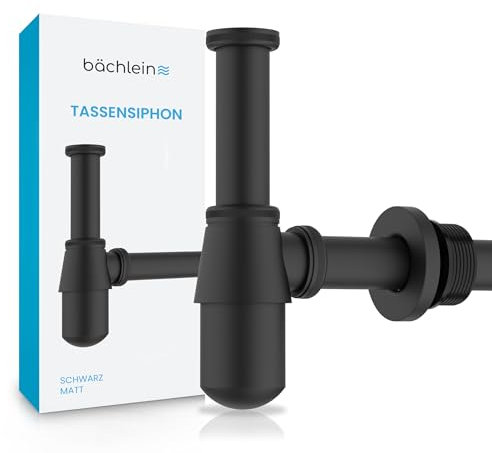 Bächlein Tassensiphon Universal für Waschbecken & Waschtisch (Matt Schwarz), Geruchsverschluss mit Reinigungsöffnung + Einbauanleitung - Designsiphon Ablaufgarnitur Flaschensiphon