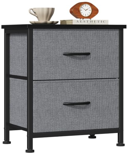 Sweetcrispy Nachttisch 2er Set mit 2 Aufbewahrungsschubladen Kleiner | Beistelltisch, 50,8 cm hoch, Holzplatte, Stoffschrank für Schlafzimmer, Möbel, Schrank, Studentenwohnheim, Grau