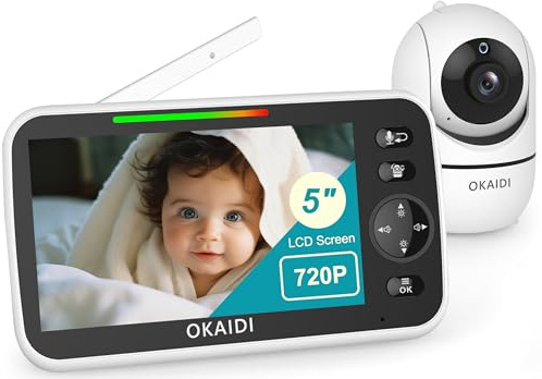 OKAIDI 720P HD Babyphone, 5 Zoll Babyphone mit Kamera und Audio, 5000mAh Akku, Remote Pan-Tilt, 3X Zoom, 304.8 m Babyphone NO WIFI, Nachtsicht, 2-Wege-Talk, Temperatur, Schlaflieder