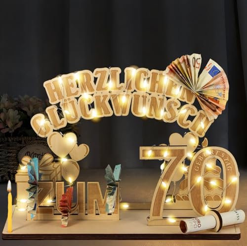 70. Geburtstag Geldgeschenke, 70 Geburtstag Mann und Frau Holz mit LED Lichterkette, Geschenke zum 70 Geburtstag Frau Mann, 70. Geburtstag Dekoration Gästebuch, DIY Geschenkideen für Familie Freunde