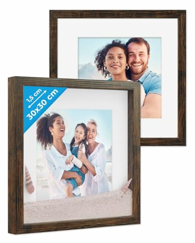 PHOTOLINI 3D Bilderrahmen zum Befüllen 30x30 Eiche dunkel groß, 1,5 cm tiefer Objektrahmen mit Glas, 2X tiefer Bilderrahmen 30x30 Holz MDF mit Passepartout, Dicker 3D Rahmen befüllbar für Gegenstände