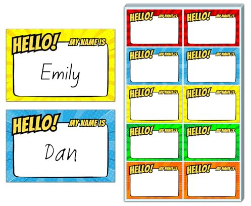 200 Stück - Superheld Comic Namensschilder Aufkleber, Hello My Name is Sticker, Etiketten Selbstklebend Bunt, Klebeetiketten zum Beschriften - 75 x 50 mm