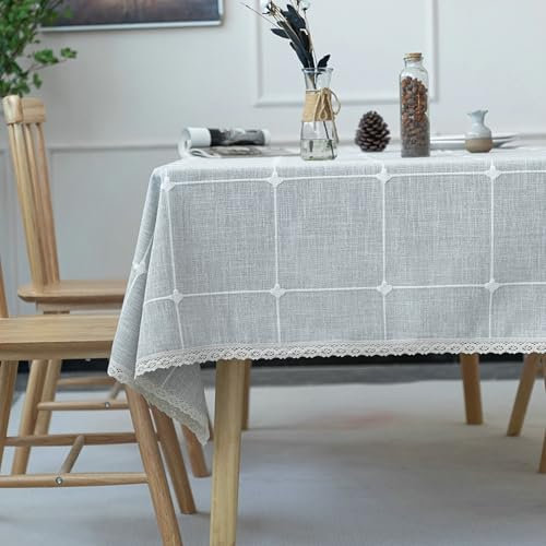 Calefee Tischdecke 140x300 cm Rechteckig, Tischdecke Fleckenschutz Leinen 8-10 Personen Graues Karomuster mit Spitze Tischwäsche Landhausstil Deko