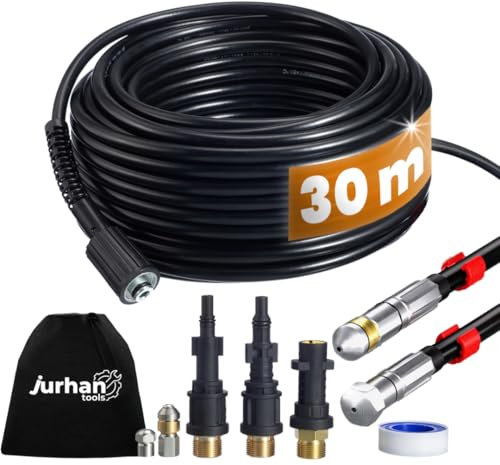 JURHAN Kit de nettoyage de canalisations (30 m) – Kit de nettoyage avec 3 adaptateurs – Tuyau de nettoyage de canalisations haute pression de haute qualité – Compatible avec les nettoyeurs haute