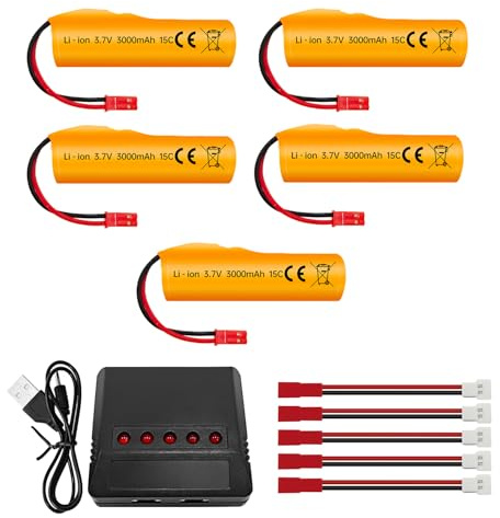 ZYGY 5PCS 3.7V 3000mAh Li-ion Batterie mit JST Stecker und 5-in-1 Ladegerät für HJ819 DE819 Fernsteuerboot,Huina 1337 1338 1516 1517 1552 1554 1558 RC Spielzeugauto mit Fernbedienung