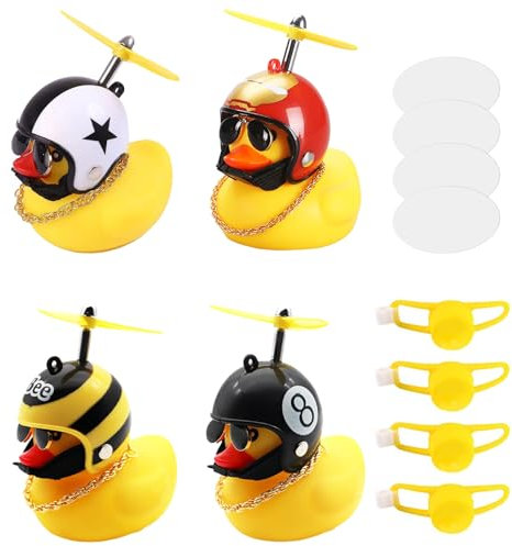 HESUSUSI Gelbe Ente Fahrrad Ornament, 4 Stück Gummiente Spielzeug Gummi Gelb Ente Auto Ente Mit Propeller Motorrad Mit Propellerhelm und Befestigungsband für Auto Fahrrad Haus Dekoration (Weiß)