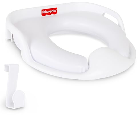 Fisher-Price™ Ready & Steady Potty Seat – Deluxe Soft Padded Potty Ring with Handles, Splash Guard, and Storage Hook for Toddlers Potty Training, White