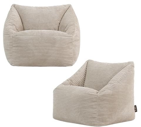 Icon Natalia Sitzsack Kinder, Beige, 2er Pack, Flauschiger Cord Stoff, Sitzsack Cord mit Füllung, Bequemer Kinder Sessel, Kuschelsessel, Lese Sessel, Schlafzimmer, Kinderzimmer, Spielzimmer