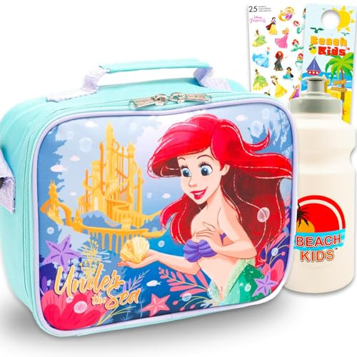 Disney Little Mermaid Lunch Box for Girls - Bundle with Insulated Ariel Lunch Bag Plus Stickers, Water Bottle, More Little Mermaid Lunchbox Set for Kids