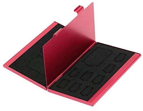 Steowsey 12 In 1 Aluminium Aufbewahrungsbox Tasche Speicherkarte Fall Halter Brieftasche Große Kapazität FÜR 4 x Sd Micro-Sd Sdhc Sdxc Mmc 8 x Tf SIM Karte (Rot)