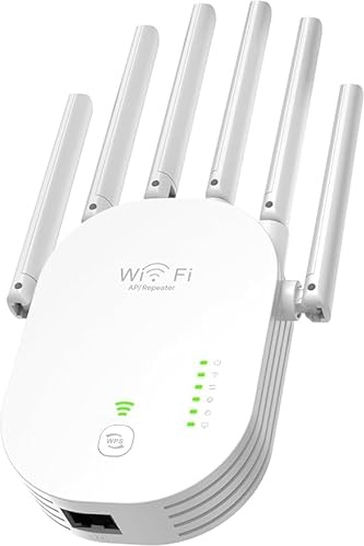 Repeteur WiFi Puissant Amplificateur WiFi avec 6 antennes,2 LAN,Mode Répéteur & Routeur & AP,Compatible avec Toutes Les Box Ethernet-Intérieur/Extérieur WiFi Booster de Signal Internet