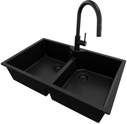 PRIMAGRAN Lavandino da Cucina Tutto Nero 78x50cm, Lavello in Granito a 2 vasche + Rubinetto 40x20cm + Sifone Classico, Lavabo Incasso al mobile 80cm - Madrid Twin S014