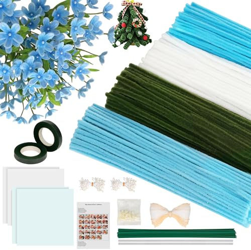 Vincona 400 Stück Pfeifenreiniger Blumen Set, Pfeifenputzer Blumen Zum Basteln （4 Farben） Inklusive 20 Blütenstiele, Band, Staubgefäße und Straußverpackung für Blumenstrauß DIY Blau