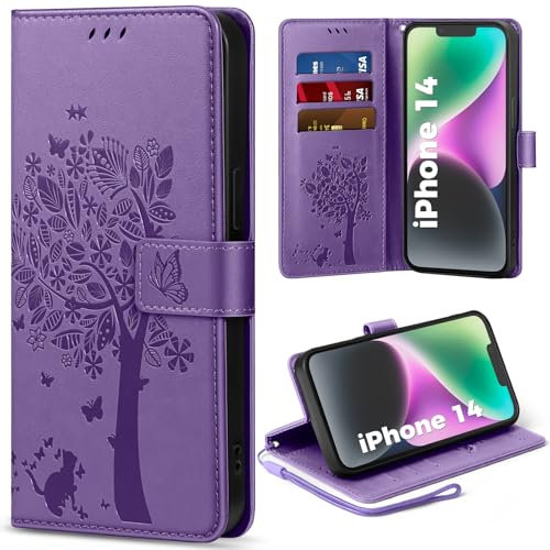EASDNB Handyhülle für iPhone 14 Hülle, Lederhülle für iPhone 14 Wallet Flip Case mit [3 Kartenfächer] [Magnet] [Ständer] Premium Leder Prägung Schutzhülle Klapphülle für iPhone 14, Lila