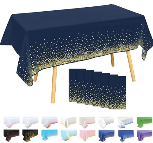 Lot de 6 Nappes Plastiques à Pois Fond Bleu Marine avec Pois Dorés 137x274 cm – Nappe Rectangulaire Réutilisable pour Fête Anniversaire, Décoration Table Événement Sportif, Imperméable Anti-taches