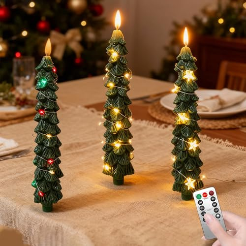 3 Stück LED Kerzen Weihnachtsbaum Stabkerzen Grün Weihnachtsbaumkerzen Flammenlose Kerzen für Winter Home Tannenbaum Deko Weihnachten Hochzeitsdekoration