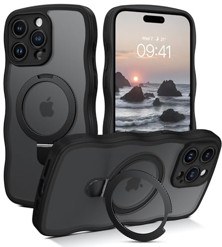GaoBao for iPhone 15 Pro Max Case with Ring Stand,[Compatible with Magsafe] Curly Wave Frame Phone Case Translucent Matte TPU Bumper Women Men Shockproof Protective Cover for iPhone 15 Pro Max,Black