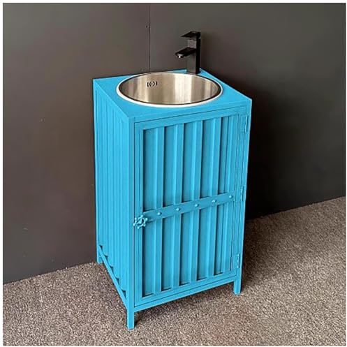 Mueble de baño industrial azul de 46 x 46 x 85 cm, independiente con fregadero de acero inoxidable y pedestal de hierro forjado retro para uso doméstico y comercial