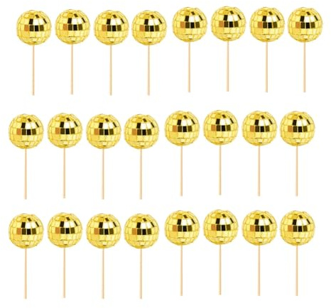 Pqahffowr 24 PCS Disco Ball Cupcake Toppers Disco Ball Cupcake Picks Reflective Mirror Ball Cake Toppers Disco Decorations Easy Install Gold