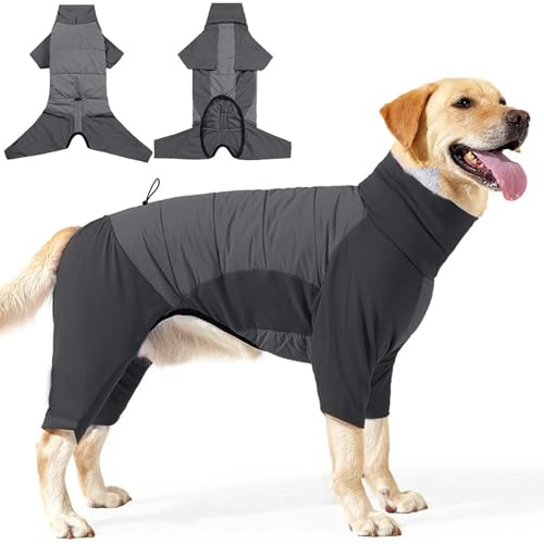 Hundemantel Wasserdicht mit Beinen, Warmer Hundeanzug Winter für Mittelgroße & Große Hunde, Winddicht & Elastisch, Outdoor Hundejacke mit Geschirrloch – Grau (2XL)