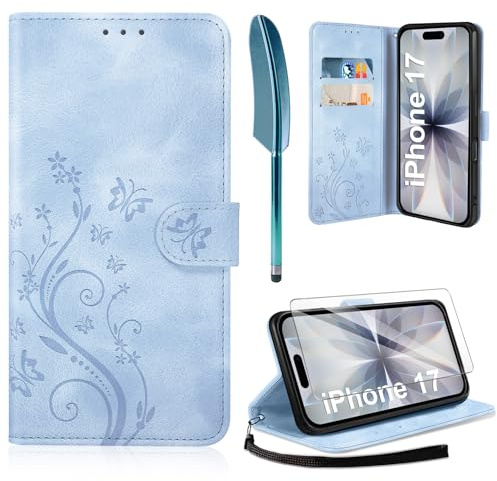 AROYI Lederhülle Kompatibel mit iPhone 17 Hülle und Schutzfolie,Wallet Handyhülle Leder Tasche Kartensteckplätzen Schutzhülle Kompatibel mit iPhone 17 Nebliges Blau