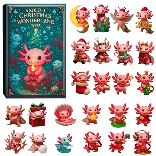 Calendrier de l'Avent Axolotl Wonderland 2025, 24 jours de compte à rebours de Noël avec mini figurines Axolotl 2D, décoration d'arbre de Noël, cadeau pour en-fants et adultes