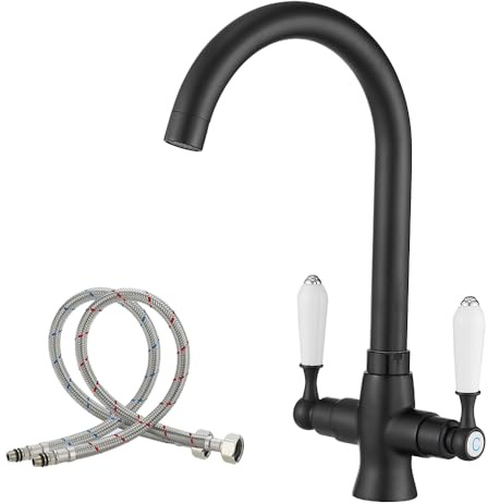 Haiba Kitchen Taps Mixer Matte Black 1 Hole High Arch Monobloc Brass Material Dual Lever for Kitchen Sink Deck Mount Easy to Install