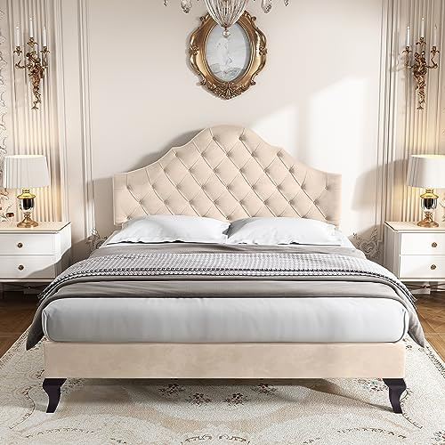 VIVCA Steppbett 140×190 cm mit Lattenrost und Verstellbarer Kopfteilhöhe, Samtbezug, für Erwachsene und Jugendliche, einfach zu montieren, Beige