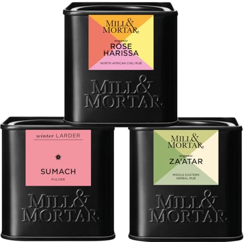 Mill & Mortar BIO Levante-Gewürz-Geschenkset, 3 Gewürze | Rose Harissa, Za'atar, Sumach, ohne Salz und Zusätze, für Mezze, Salate, Brot, Tajine, Hummus & Gemüse für Frauen & Männer