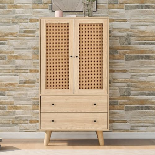 Aparador cómoda Madera Natural 60 cm con Rejilla de Ratan y Compartimentos Buffet Alto con cajones y Puertas magneticas Vitrina de diseño en MDF para habitacion Pasillo Entrada
