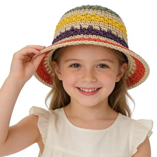 NICEYEA Sombrero de paja para niños para niñas, sombrero de paja, arco iris, sombrero de verano, ala ancha, sombrero de pescador, gorra de sombra, gorro de playa, protección UV, adecuado para la playa