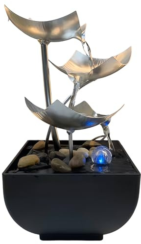 Fuente de habitación, Fuente de Mesa, Cascada con iluminación LED | decoración moderna zen con bomba silenciosa, moderna decoración de mesa Zen (plateada)