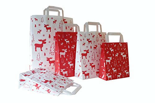 Papiertragetaschen Weihnachten mit Flachhenkel ELCH Weiss - Verschiedene Größen und Mengen (22 + 10 x 29 cm, 25 Stück)