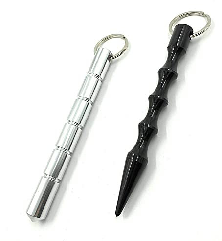ocona Kubotan, 2 Stück, Selbstverteidigung, Schlüsselanhänger, Notfallhammer (Silber rund + schwarz spitz)