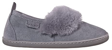 Vanuba Cormo Handmade Damen Hausschuhe, Naturleder, 100% Schafwolle, Warme und Bequeme Hausschuhe 41 EU Leder Grau/Grau
