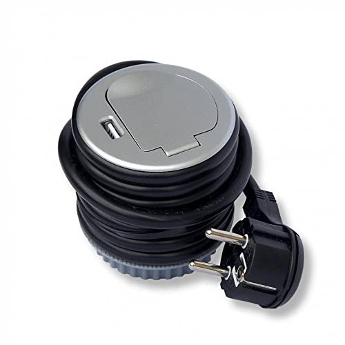 Einbausteckdose mit USB Anschluss für Küche und Büro - runde Montagesteckdose aus Aluminium und hochwertigem Kunststoff ideal für Arbeitsplatte, Tischsteckdose oder Unterbausteckdose mit