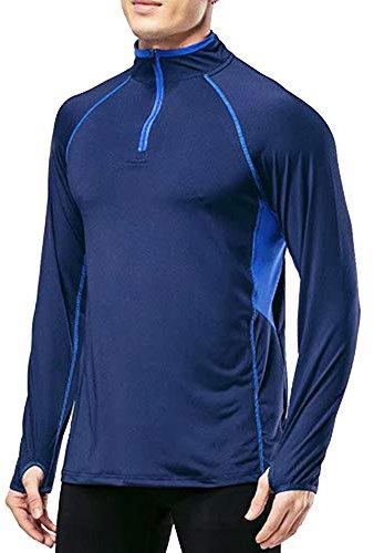 Muscle Alive Men's Quarter Zip Running Active T Shirts Workout Long Sleeve Jersey with Thumb Holes Polyester and Spandex Blue XL