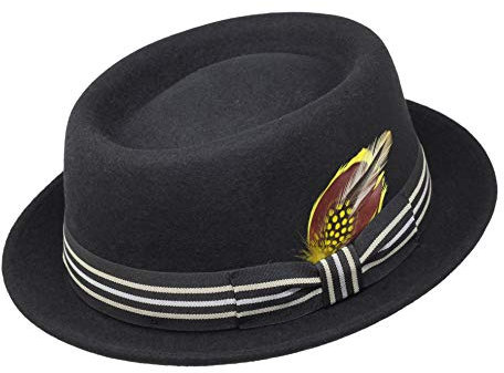 Borges & Scott Premium Defoe - Porkpie Hut mit Abnehmbarer Feder - 100% Wollfilz - Wasserabweisend - Für die Reise aufrollbar - 58cm Schwarz