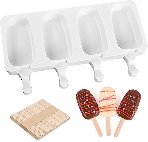 SAKOLLA Popsicle Silikonform, 4 Mulden, Eiscremeform, ovale Kuchenformen mit 50 Holzstäbchen