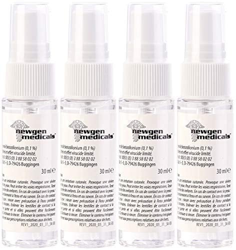 newgen medicals Desinfektion: 4er-Set Hand- & Flächen-Desinfektionsspray, alkoholfrei, je 30 ml (Handdesinfektionsspray, Mini Desinfektionsspray, Sprühflasche)