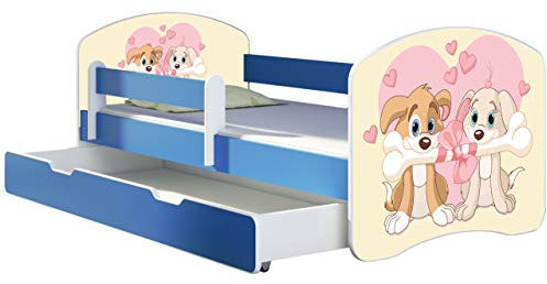 ACMA Kinderbett Jugendbett mit Einer Schublade und Matratze Blau mit Rausfallschutz Lattenrost II 140x70 160x80 180x80 (12 Welpen, 140x70 + Bettkasten)