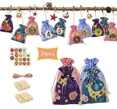 LQQ 24 Stück Adventskalender Zum Befüllen Stoffbeutel,Stoffbeutel Farbe Adventskalender 2020 für Männer Frauen Kinder mit 24 schön Stücke Aufkleber DIY Weihnachtsmuster Dekorationen,Geschenksäckchen