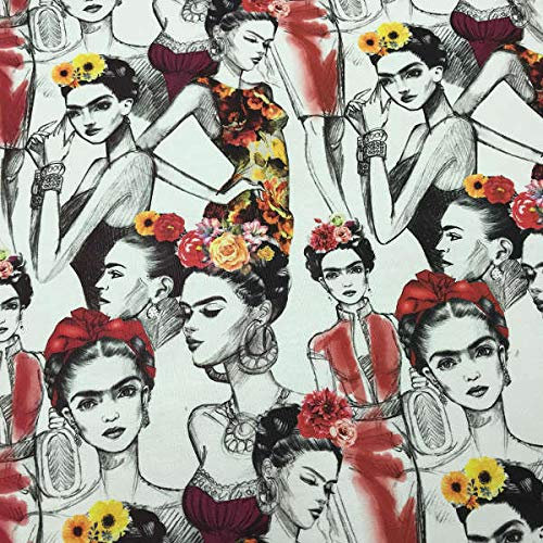 Kt KILOtela - Canvas-Stoff, digital bedruckt, Half Panama, 100% Baumwolle, 100 cm Länge x 140 cm Breite, Frida, Skizze – Rot, Schwarz, Beige – 1 Meter