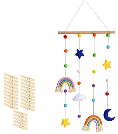 Makramee Regenbogen Wandbehang Boho Room Decor, Wolke Regenbogen Hängende Foto-Display Dekoration Mit 25 Holz-Clips, Handgewebte Tapisserie Kinder Wand Dekoration Für Kinderzimmer Schlafzimmer