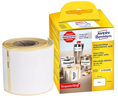 AVERY Zweckform A1933086 Dymo LabelWriter wetterfeste Etiketten kompatibel zu 1933086 (104x159mm, 1 Rolle|200 Kunststoff Aufkleber, selbstklebend, für LW Dymo Etikettendrucker, Beschriftungsgerät)