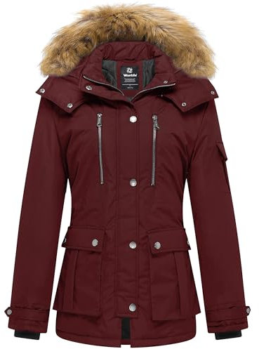 Wantdo Femme Manteaux Chaude Doublure Polaire Veste d'Extérieur d'hiver Manteau à Capuche en Fausse Fourrure Parka Militaire Slim Fit Rouge L