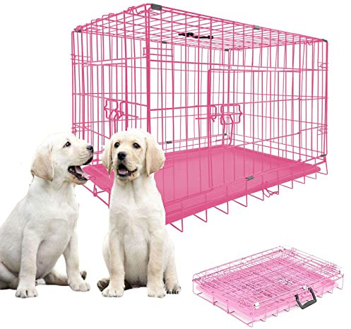 Dog Crate Medium Size Puppy Crate Large Dog Cage for Car Boot, 2 Door 2 Locks Puppy Playpen with Non-Chew Metal Removable Base Tray, Steady Handle Easy to Carry/Transport, 30-inch Pink