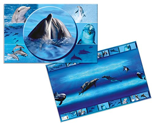 HERMA 19087 Schreibtischunterlagen Tiere Delfin, 3 Stück, abwischbare Kinder Schreibunterlagen aus Karton, 55 x 35 cm, beidseitiges Motiv Tischunterlagen Set für Mädchen & Jungen